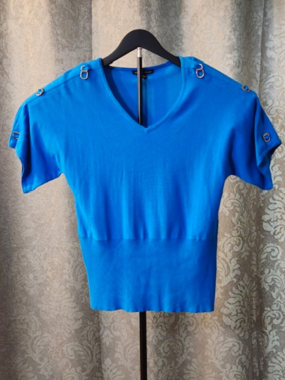 Cable & Gauge Womens XL Royal Blue Y2K Short Sleeve Sweater Knit Top Rayon Nylon